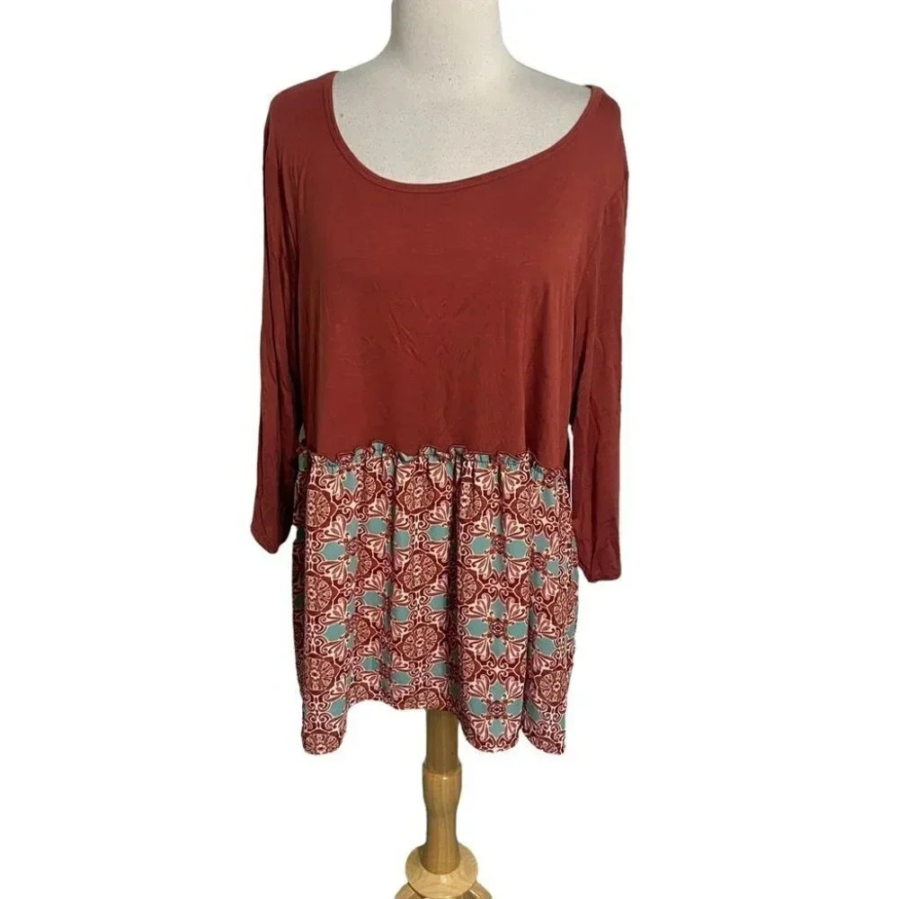 EVRI 1X burned orange solid top and floral bottom drop waist long sleeve top